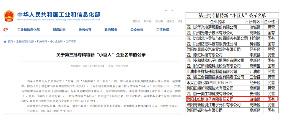 維博公司成功入選工信部專(zhuān)精特新 “小巨人”企業(yè)